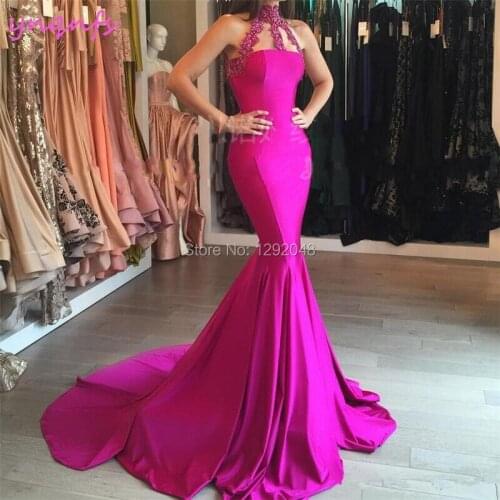 YNQNFS P49 Fuchsia Lycra Dress for Party Evening Gown High Neck Lace Appliques Beaded Sexy Mermaid Prom Dress Long 2019