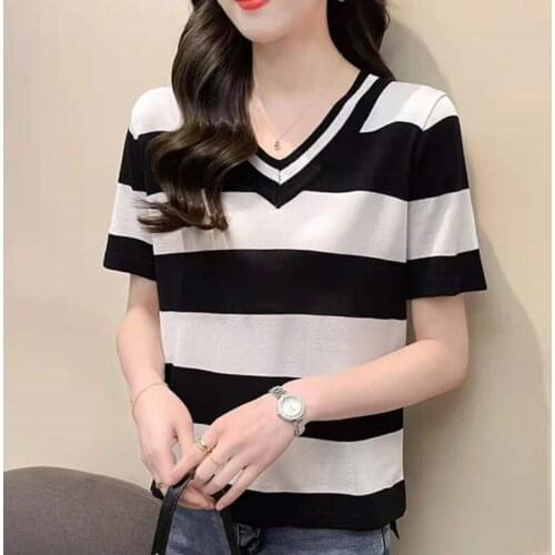 Fashion Korean Style Plus Size Ice Silk Womens T Shirt 2021 Summer Clothes Striped V-neck Thin Short Sleeve Loose Top Femme