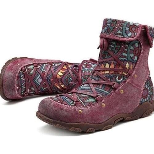 Women Boots Retro Printed Metal Buckle Genuine Leather Zipper Ankle Boots Ladies Shoes Women 2020 Flat Shoes Size 43 Botines