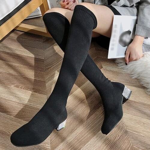 Womens Knitted Socks Boots Ladies Over The Knee Boots Autum Winter Fashion Slip On Warm Low-heeled Long Boots 2021 Footwear New