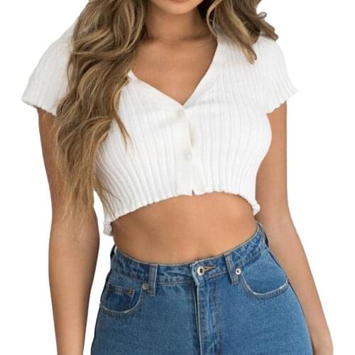 New Women Summer Sexy Short Sleeve V Neck Button Cardigan T-shirt Blouse Crop Top