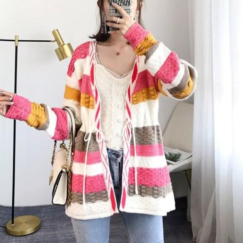 Women Open Stitch Sweaters Coat 2019 Fall Hit Color Striped Crochet Sweater Cardigan Runway Cardigans Casual Loose Knitwear