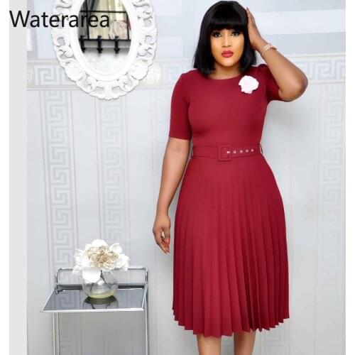 2020 New Spring Plus Size Women O-Neck Short Sleeve Solid Color Pleated With Belt Mid-calf Length Dress Office Lady DressD049