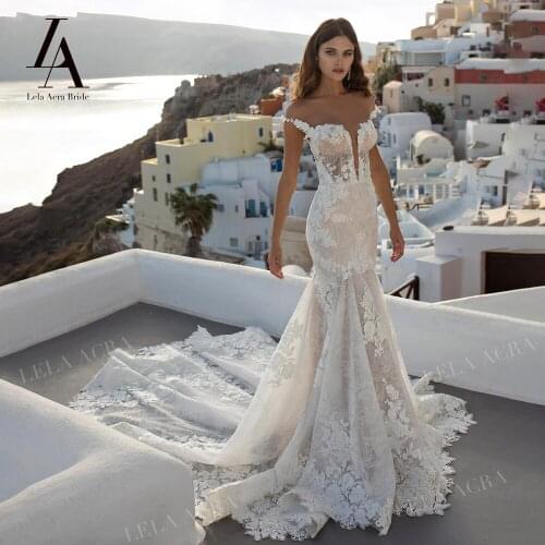 Fashion Applique Wedding Dress Sweetheart Lace Mermaid Illusion Princess Court Train LelaAcra R022 Bridal Gown Vestido De Noiva