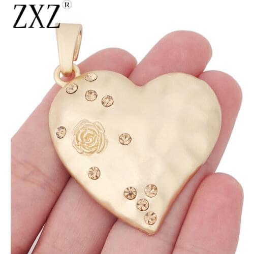 ZXZ 2pcs Matte Gold Large Heart & Rose Flower Crystal Rhinestone Heart Shape Charms Pendants for Necklace Jewelry Making