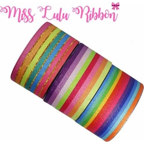 3"75mm Colorful Rainbow Stripes Gold Line Shiny Glitter Leather Fabric Ribbon DIY Gift Bowknots Hair Band Making 50yards/roll