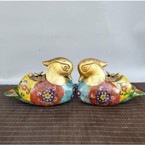 8" Tibet Buddhism Old bronze Cloisonne Enamel Mandarin duck statue incense burner A pair Fly together incense burner