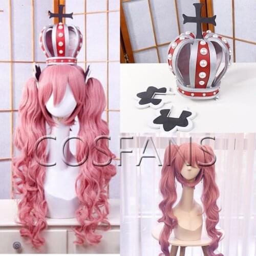 Anime One Piece Ghost Princess Perona Pink Long Curly Wavy Ponytails Synthetic Hair Cosplay + Free Wig Cap Crown Headwear