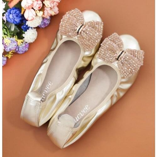 Ballet Flats Classic Shoes Women Basic 2021 Genuine Leather Stread Bead Bow Round Toe Ballet Loafers Fashion Flats Women Shoes