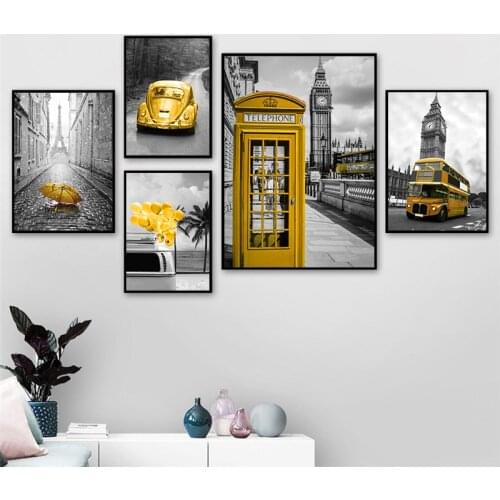 Black and White Paris London Golden Bus Phone Booth Posters and Prints. Wall Art Picture for Living Room Home Decoration