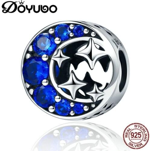 DOYUBO New Arrival Solid Silver Moon & Star Beads With Dark Blue Cubic Zirconia To Fit Women Bracelets Real Silver Charms ADD012