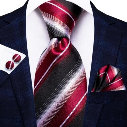 Hi-Tie Black Burgundy White Striped Paisley Silk Wedding Tie For Men Novelty Design Quality Hanky Cufflink Nicktie Dropshiping