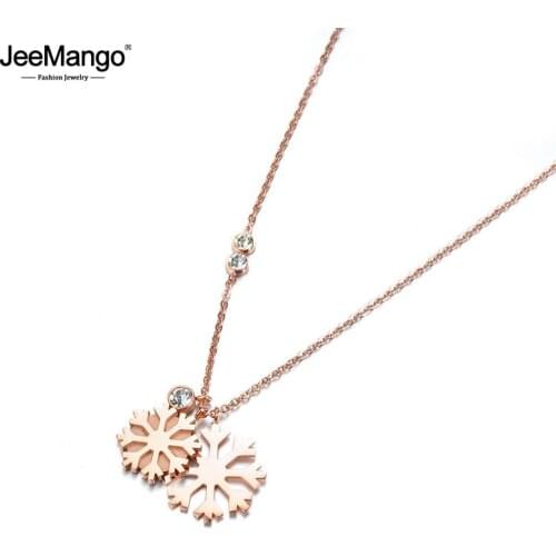 JeeMango Trendy Double Snowflakes & Cubic Zirconia Pendant Necklaces Jewelry Titanium Steel Chokers Necklace For Women JN18008