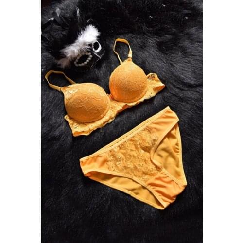 Women Yellow Lace Embroidered Bra Panty Set