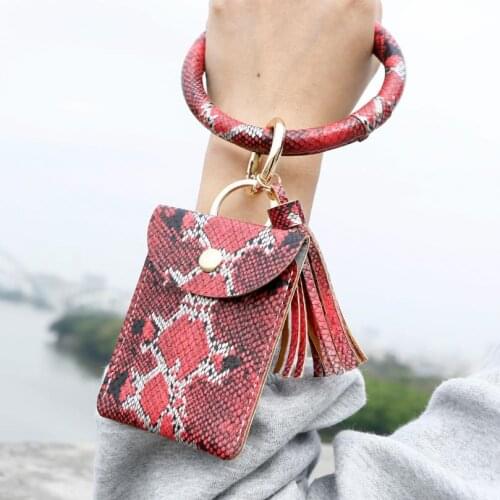 Ybollar Keychain Card Bag for Women Men Leopard/Snake/Alligator Print Wallet PU Leather Tassel Fashion Bracelet Keyring Jewelry