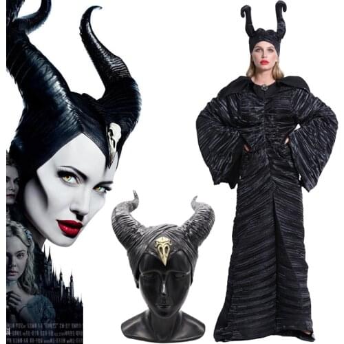 Maleficent:Mistress of Evil Evil Witch Dress Horns Hat Costume Cosplay Halloween Angelina Jolie Queen Witches Headwear Mask