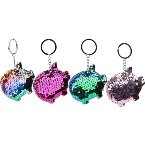Cute Cartoon Pig Key Chain Brilliant Pompom Sequins Gifts Women Car Interior Decoration Bag Accessories Creative Key Rings