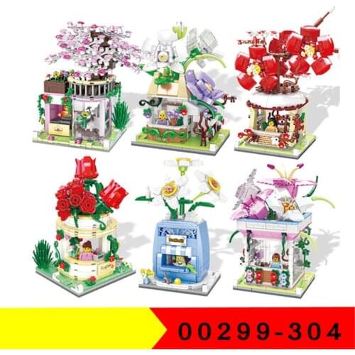 Mini Street View Building Blocks City Flower Chrysanthemum Shop Rose Orchid Plum Store Model 3D Architectures Educational Toys