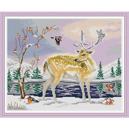 Elk and Birds Cross Stitch Kit Joy Sunday Stamped 14ct 11ct Count Printed Canvas Stitches Embroidery DIY Handmade Needlework Set