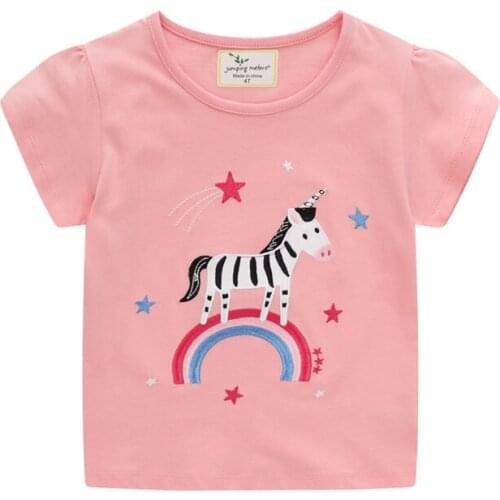 2021 New Summer Girls Zebra Embroidery T shirts Short Sleeve Baby Clothes Cute Rainbow Tees Tops Kids Wear