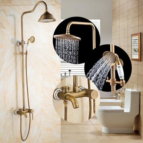 New arrival Luxury Antique Copper Shower Faucet Set / Ceramic Decoration /Wall Mounted Bathroom Bathtub Faucet+Handheld Shower