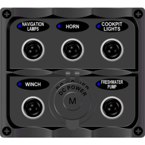 Marine Grade Boat Yacht 5 Gang ON OFF Toggle Switch Panel With 12V/24V DIN/HELLA Merit Power Socket, 28 Indication Labels