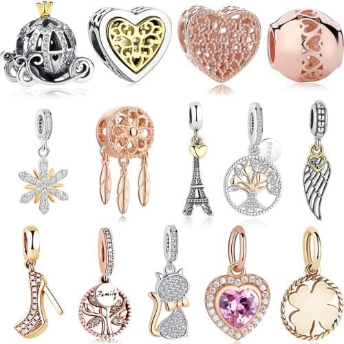 ELESHE Authentic 100% 925 Sterling Silver Bead Lovely Cat Pendant Charms Pet Rose Gold Charm Fit Original Bracelet DIY Jewelry