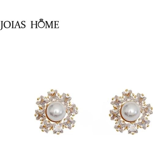 JoiasHome Pearl Stud Earrings for Women Geometry Silver 925 Jewelry Square AAA Zircon Female Luxury Chic Ear Studs for Wedding