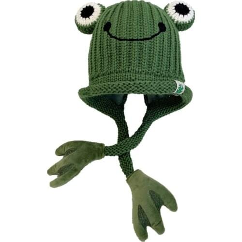 Fashion Knitted Hat Winter Skullies Cute Frog Hat Crochet Costume Beanie Hats Boys Girls Gift Solid Cap Child Photography Prop