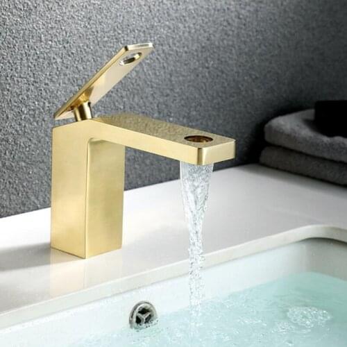Bathroom Basin Faucet Brushed Gold Brass Single Handle Single Hole Mixer Tap Deck Mounted Waterfall Hot And Cold Tap Sink Faucet