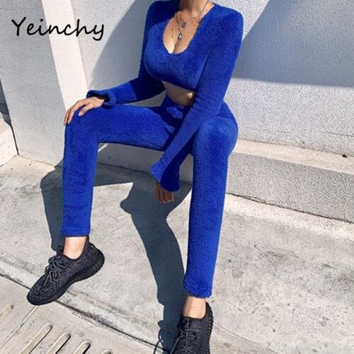 Yeinchy women fashion V neck long sleeve ladies elastic two pcs top and pants velvet autumn winter set outfit FM6202