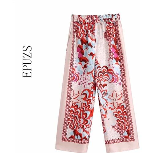 ZA 2021 vintage Floral Print Wide Leg Pants Vintage High Elastic Waist Female satin pants female Trousers Streetwears Sweatpant