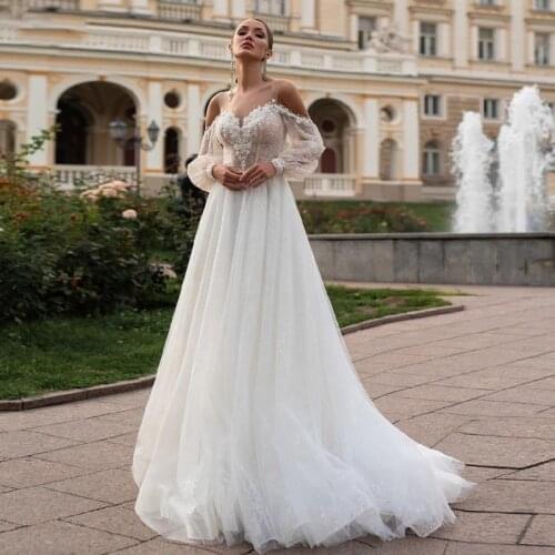 Eightree Sparky Long Sleeve Lace Wedding Dresses 2021 Sexy Boho Wedding Gowns Summer Romantic Bride Dresses Beads Gelinlik