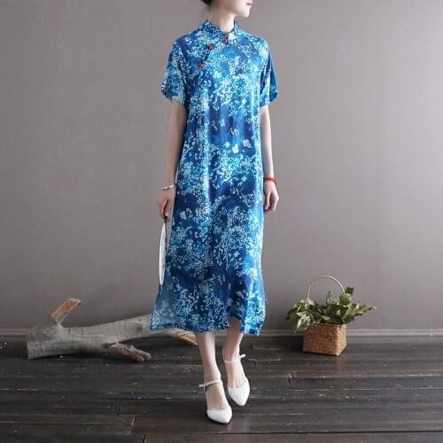 Johnature Chinese Style Cheongsam For Women Summer Stand Short Sleeve A-Line Cotton Linen Vintage 2021 Female Cheongsam Dress