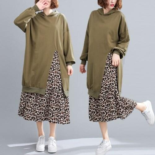 Casual Dresses For Women 2021 Plus Size Hooded Stitching Leopard Print Fake 2 Piece Loose Sweatshirt Long Dress Fall Winter M53