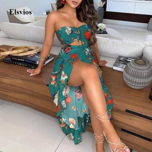 Sexy Floral Print Strapless Women Party Dress Fashion Hollow Out Split Long Dress Elegant Sleeveless Beach Summer Dress Vestidos
