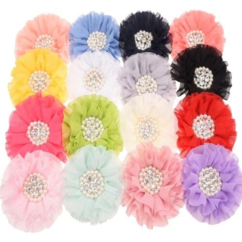 32pcs Chiffon Lace flower Rhinestone Flower Pearl Hair flower Hair Accessories Diy Hair Accessory No Bow Hairclip for headband