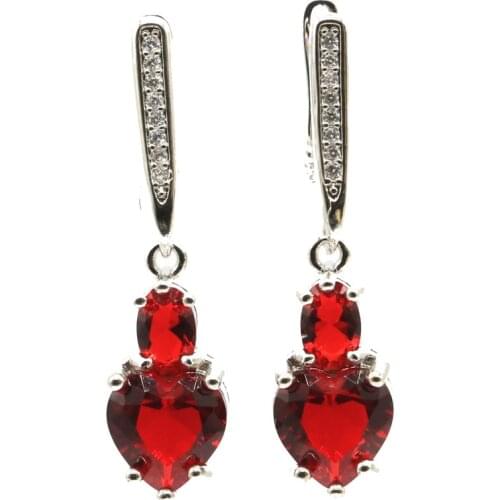 34x8mm Lovely Cute Heart Created Rhodolite Garnet Green Tsavorite Garnet CZ Ruby Aquamarine 925 Sterling Silver Earrings