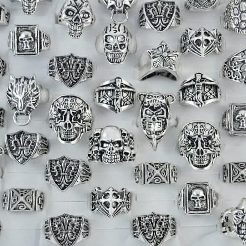 50Pcs Hot Sale Skull JESUS Vintage Style Cross Silver Plated Men Rings Retro Fashion Jewelry Bulks Lots LR183