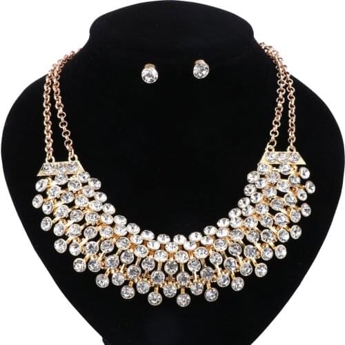 African Jewelry Sets Gold Color For Women Party Accessories Wedding Bridal Double Layers Pendant Crystal Necklace Earrings Sets