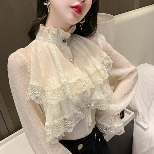 Victorian White Ruffles Stand Collar Lantern Sleeve Medieval Victorian Top Gothic Lolita Blouse Vintage Shirts Women Plus Size