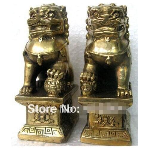 Free shipping Chinese Foo Dog Lion Fu Bronze Statue Pair Figurines Feng Shui Items Oriental sz:11x6x8.3cm