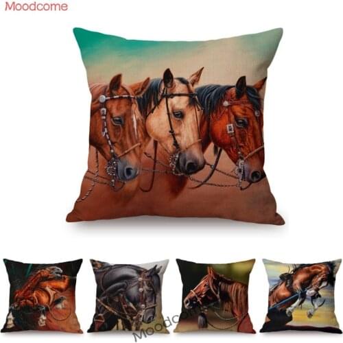 Battle Horse Racing Horse Oil Painting Cotton Linen Sofa Throw Pillow Case Horsemanship Art Home Decorative Square Cushion Cover
