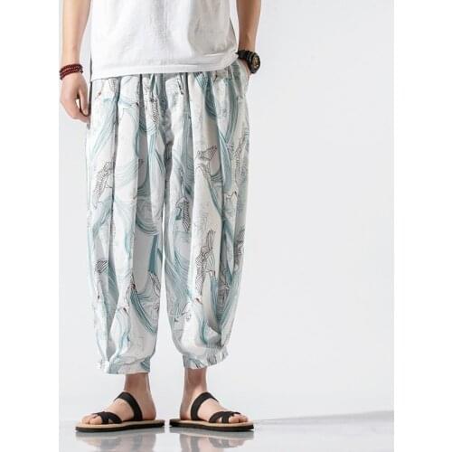 Men Chinese Style Printed Cross Pants Mens 2021 Linen Wide Leg Loose Trousers Male Oversize Japan Harem Pants Streetwear 30318