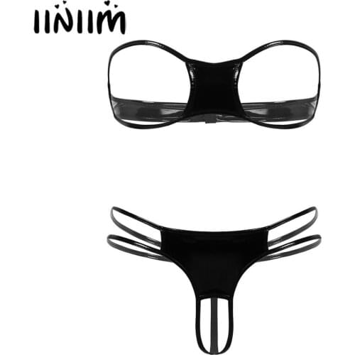 Womens Wet Look Patent Leather Mini Bikini Lingerie Set Strapless Sissy Open Cups Bra Top with Crotchless T-Back G-string Briefs