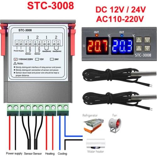 STC-3008 AC 110V 220V DC 12V 24V 10A Dual Digital Temperature Controller Hygrometer Heating Cooling Two Relay Output