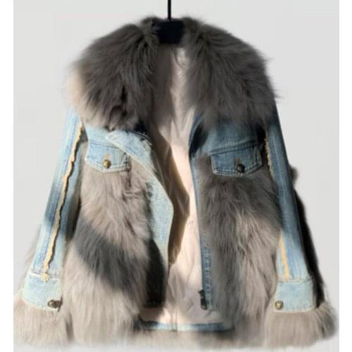 Denim Parkas Womens Autumn Winter New Stitching Fur Cotton Coat Lapel Single Breasted Furry Short Jean Padded Jacket Y769