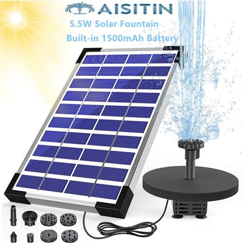 AISITIN 5.5W Solar Fountain Pump Built-in 1500mAh Battery Solar Water Pump Floating Fountain with 6 Nozzles, for Bird Bath,etc