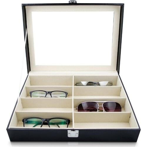 Eyeglass Sunglasses Watch Storage Box with Window Imitation Leather Glasses Display Case Storage Organizer Collector 8 Slot