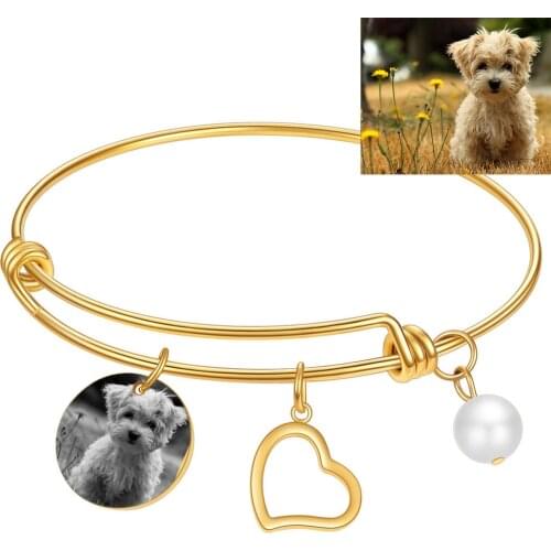 Customized Bracelets Engrave Pet Photo Name Date Bracelet Stainless Steel Heart Engrave Adjustable Bangles For Friend Gift